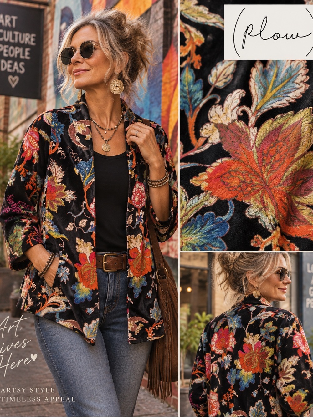 Plow Botanical Jacket Black Multicolor Boho Artsy Statement Size S Made in India